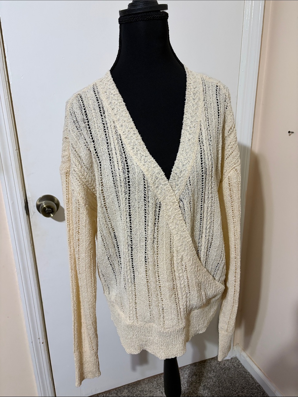 Astr Cream Open-Knit V-Neck Wrap Sweater